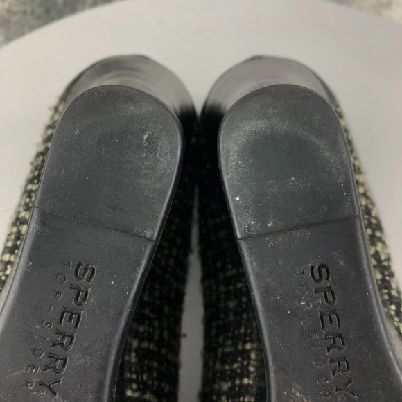 Sperry Women's Size 9.5M Top Sider Black Cream Tweed Peep Toe High Heel Wedges - Picture 11 of 13